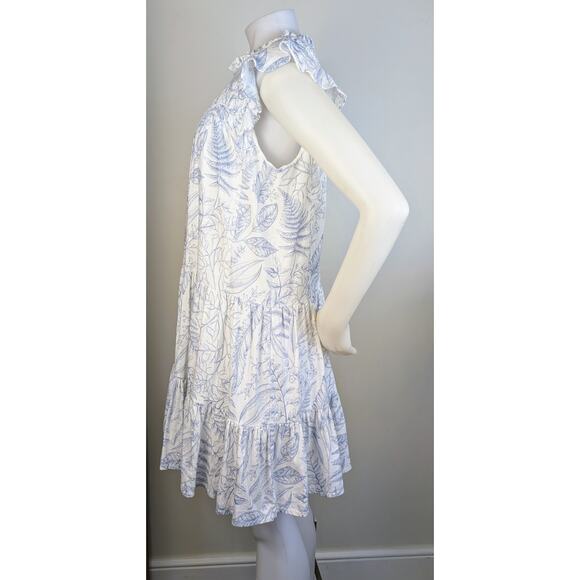 Aura Minidress Babydoll Medium White Blue Botanical Print Tiered Ruffled Smocked - Picture 5 of 12